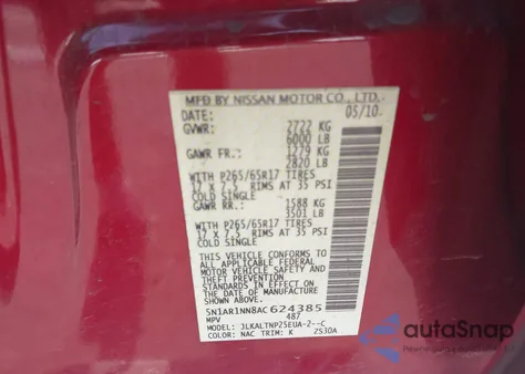 2010 Nissan Pathfinder Se z USA, uszkodzony, nr VIN 5N1AR1NN8AC624385